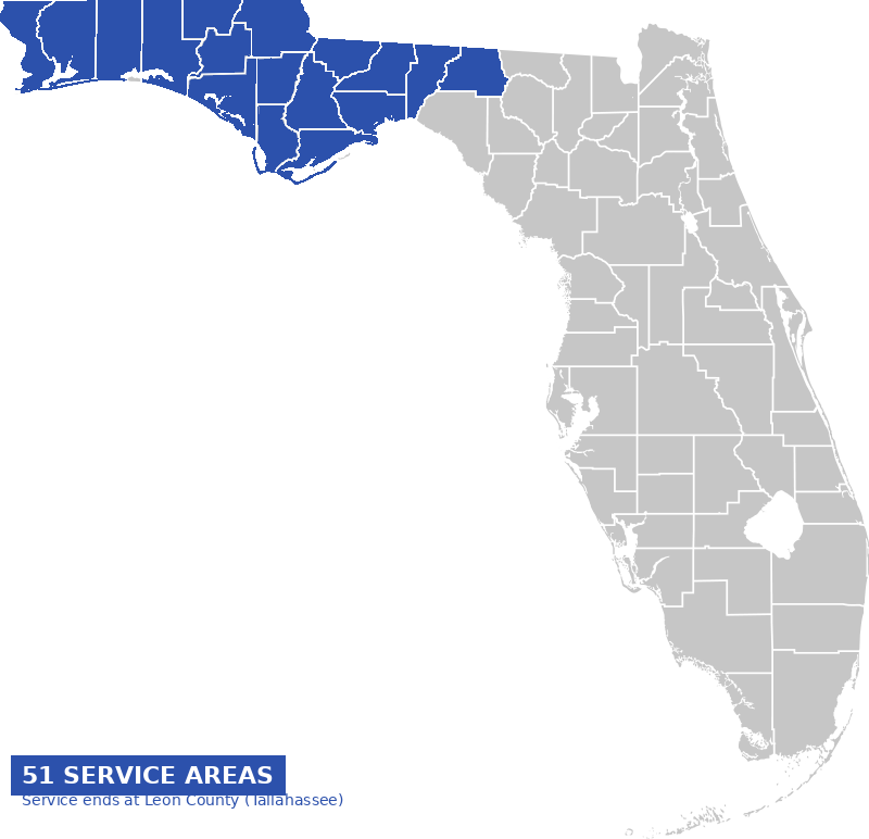 Florida Panhandle map — 51 Mr. Fence service areas from Tallahassee to Pensacola