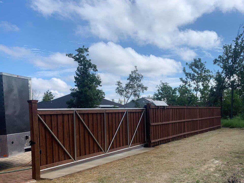 Brown wood double driveway gate
