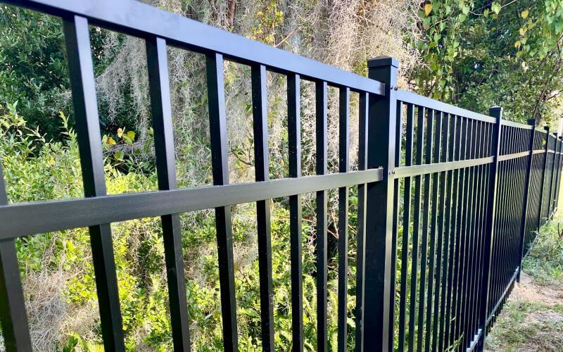 Black aluminum picket fence with three rails bordering a dense natural area